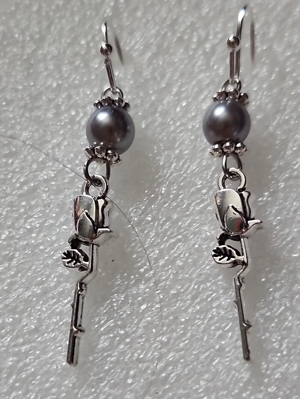 Hand Crafted Silver Rose Dangle Earrings with Gray Pearls